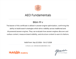 FREELANCE DIGITAL MARKETER BIBIN M V CERTIFICATION
